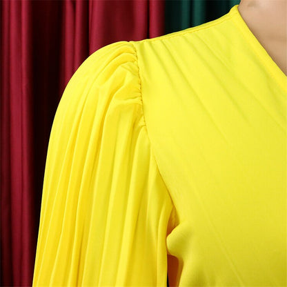 vmtvr Sexy V-Neck Pleated Dinner Party Dress Women Yellow Elegant  with Belt Long Sleeve Robe Femme African Maxi Red Vestido