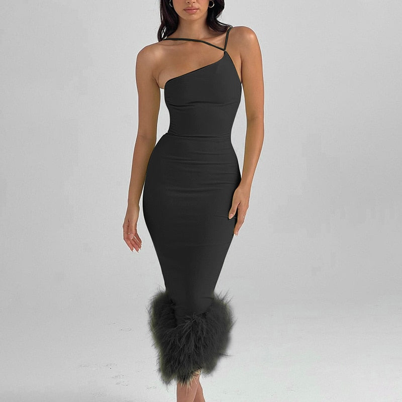 vmtvr Mozision Elegant One Shoulder Feather Bottom Midi Dress For Women Robe Summer New Sleeveless Bodycon Long Dress Clubwear