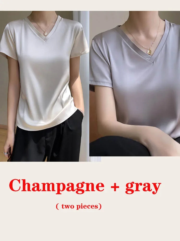 vmtvr Summer Women's T-shirt Korean Fashion Satin V-neck Tees Short-sleeved Casual LOOSE Solid Champagne White Silk T-shirts Women