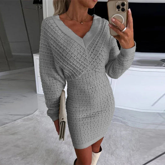 vmtvr Sexy Double V-neck Backless Knitted Dress Women Autumn Batwing Sleeve Slim Bodycon Dress Winter Solid Hollow Warm Pullover Dress