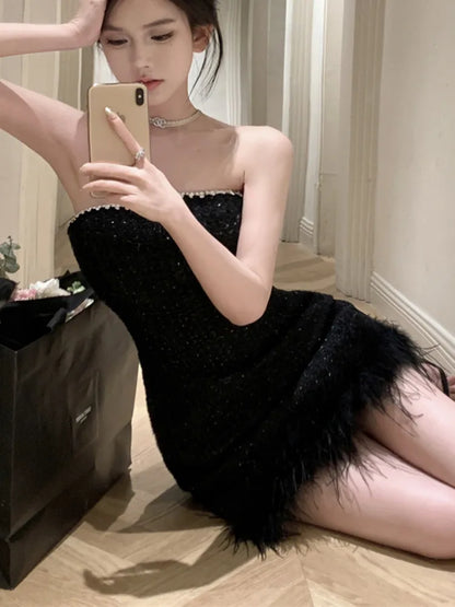 vmtvr  -  HotSweet Korean Sexy Club Strapless Tweed Short Dress For Women Summer Luxury Diamond Small Fragrant Evening Party Dress