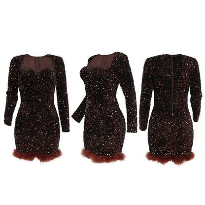 Sexy Luxury Sequins One Shoulder Mini Dress Elegant Black Feather Long Sleeve Backless Slim Dress Celebrity Evening Party Dress