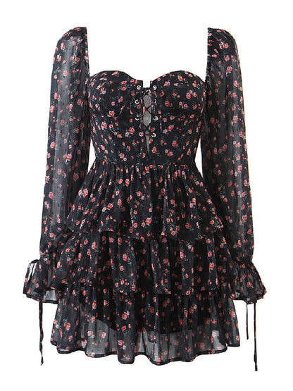 Women Sexy Cross Bandage Black Flower Print Puff Long Sleeve Dress 3 layer Wood Ears Ruffles Hem Cake Mini Holiday Robe