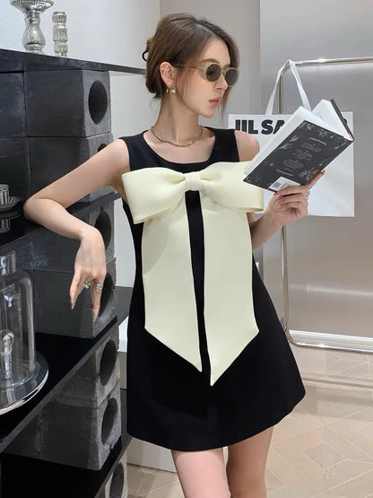 vmtvr  -  French Elegant Fashion Small Fragrant Sleeveless Big Bow Summer Dress For Women Korean Office Lady Formal Mini Dresses Robe