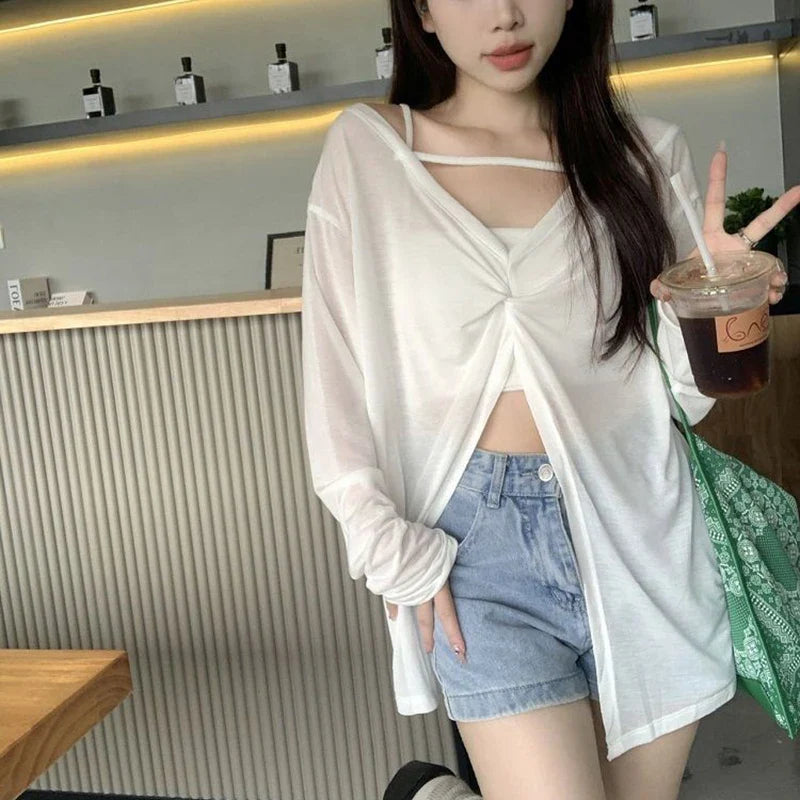 vmtvr Summer Sexy Irregular T Shirt Women Korean Fashion Loose Sun Protection Shirts Casual Streetwear Female All Match Tops New