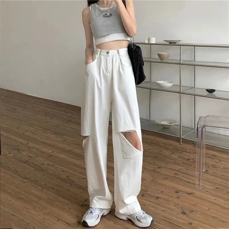 vmtvr Y2K Women Solid White Jeans Korean Retro Ripped Female Denim Trousers Summer Fashion Streetwear Loose Wide Leg Pants