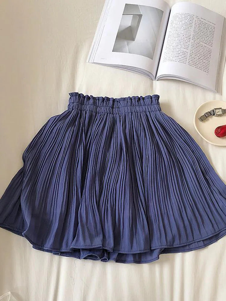 vmtvr Chiffon Beach Women Pleated Skirt Korean Sweet A Line Mini Skirt Summer High Waist Simple Female High Quality Fashion Skirt