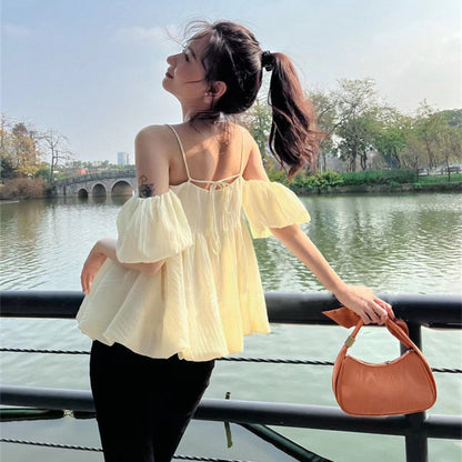 Off Shoulder Blouse Women Elegant Short Sleeve Puff Sleeve Shirts For Women Fashion Vintage Ladies Tops Chic