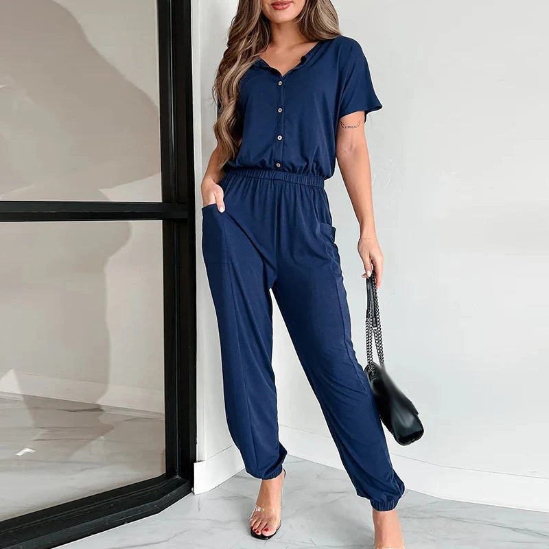 vmtvr New Spring Summer Short Sleeve T-shirt Jumpsuit Women V-neck Button Straight Playsuit Casual Pencil Pants Pocket Romper Overalls