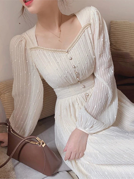 vmtvr 2024 Summer New Women Fashion Elegant White Midi Dresses Vintage Princess Female Party A Line Clothes Prom Robe Vestdios