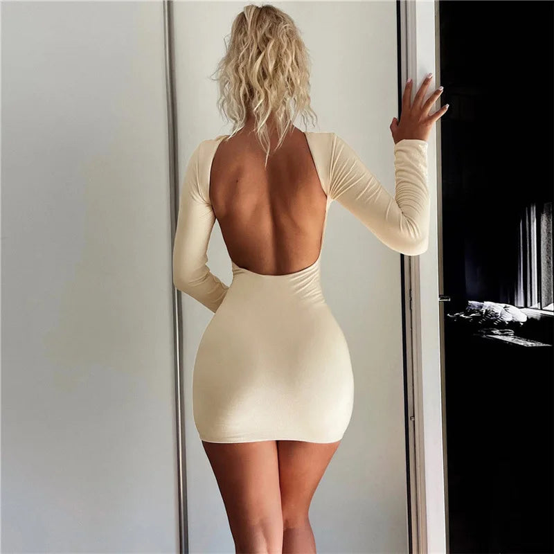 Autumn Fashion Sexy Open Back Solid Slinky Mini Dress Club Party Outfits Long Sleeve Round Neck Bodycon Dresses