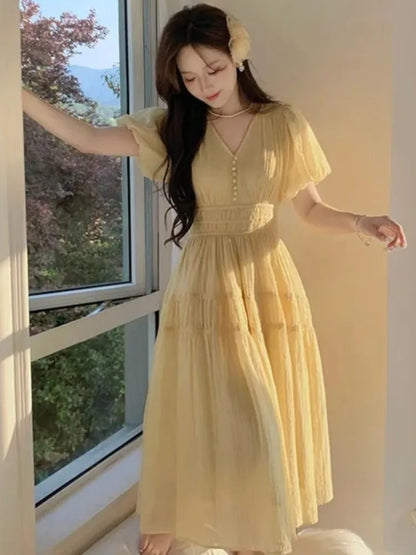 vmtvr Women Dress French Puff Sleeve Vintage V-neck Yellow Vestidos A-line Female Robe Summer Elegant Slim Waist Lady Chic Clothing