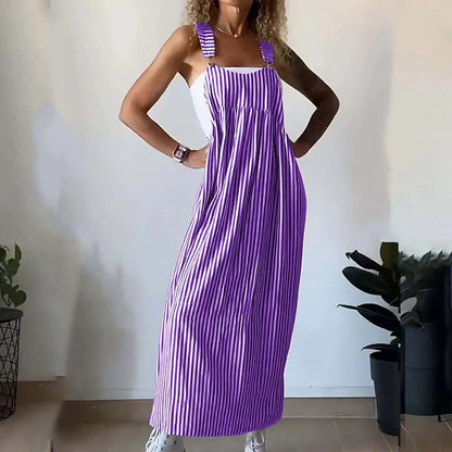 vmtvr Vintage Striped Print Sleeveelss Suspender Dress Summer Casual Pocket Loose Party Dress 2024 Women Sexy U-neck Pleat Long Dress