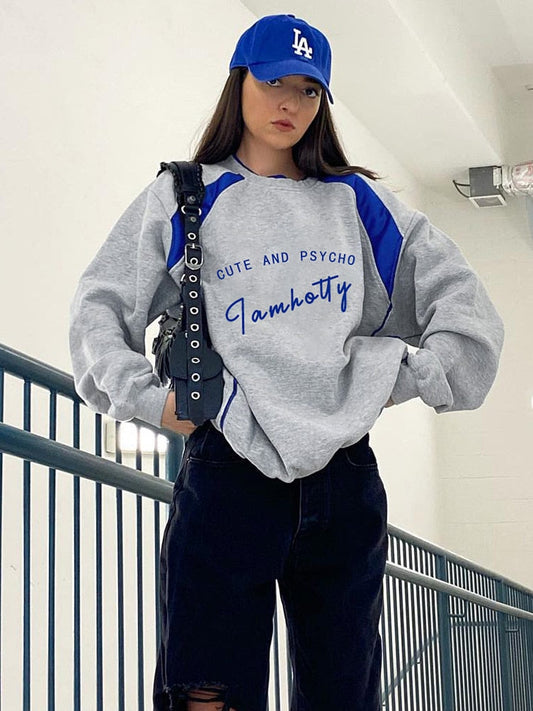 Casual Loose Letter Print Grey Autumn Sweatshirts Women Patchwork Contrast Preppy Pullover Korean O Neck Hoodies Cute