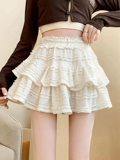 vmtvr Sweet Cute Lace Mini Skirt Women Kawaii White Ruffles Pleated Skirts Summer Korean High Waist Black Casual A Line Skirt