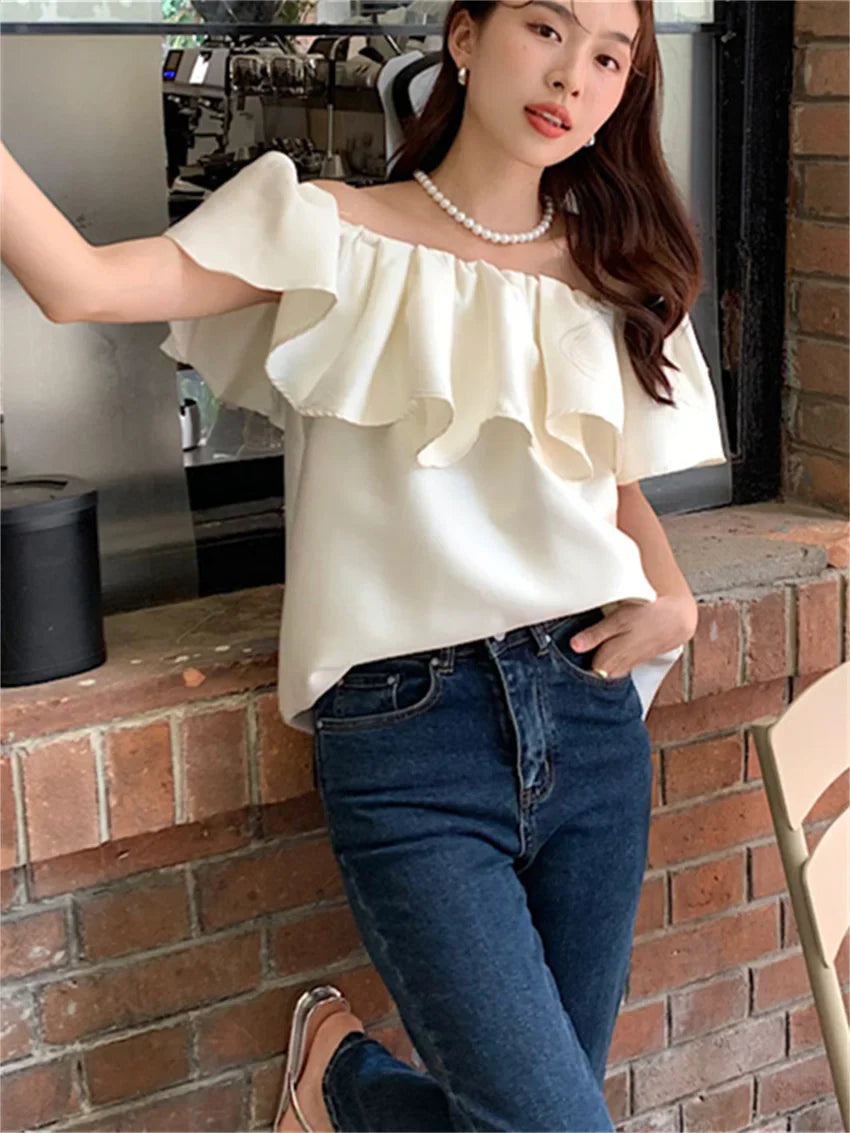 vmtvr Apricot Blouses Women Slash Neck Elegant Chic Lady Office Wear Off Shoulders Sexy Summer Short Sleeve Slim New