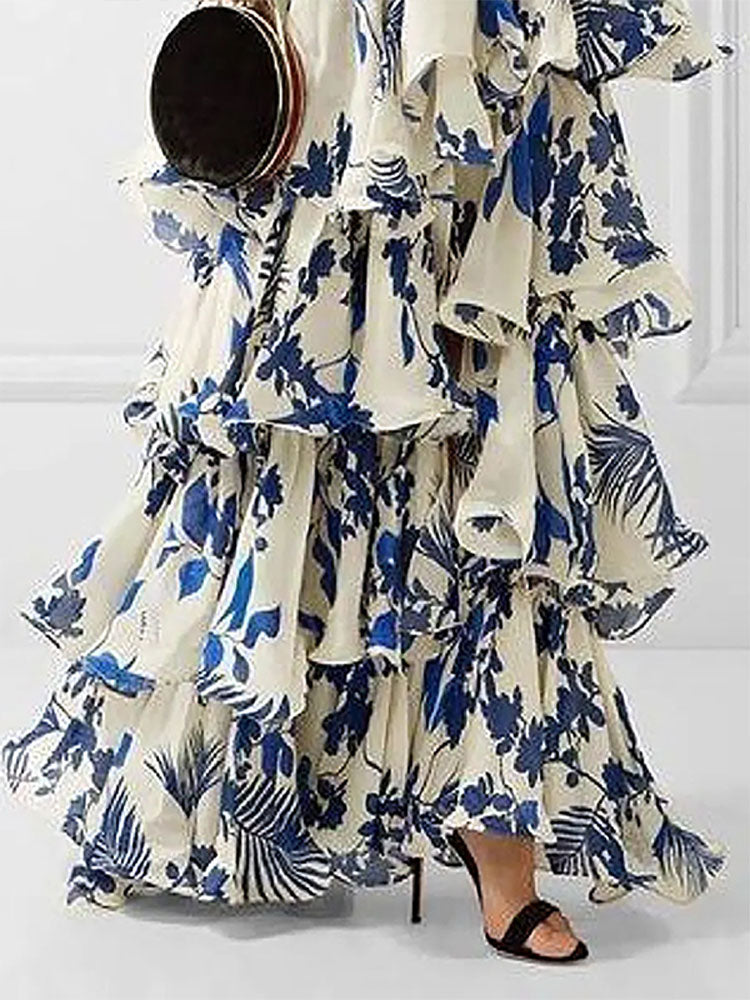 vmtvr Elegant Women's Printed Vestidos Sleeveless Neck-mounted Female Formal Wear Aesthetic Layered Ruffled Hem Evening Party Dresses