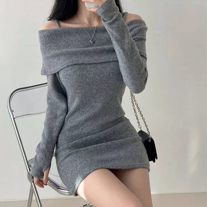 -Korean Knitted Mini Dress Women Off Shoulder Sexy Bodycon Dress Autumn Winter Solid Pullover Dresses  Suspender Sweater