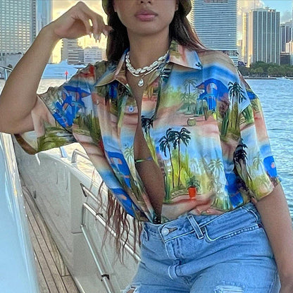 Tropical Printed Beach Vacation Shirts For Women  Summer Short Sleeve Button Up Tops Casual Ladies Blouse