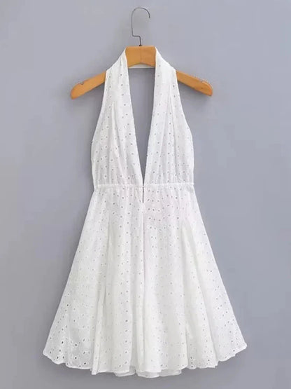 vmtvr  -  White Beach Summer Dress Women Backless Cotton Lace Short Autumn Sundress Women Clothing Halter A-line Pleated Dress