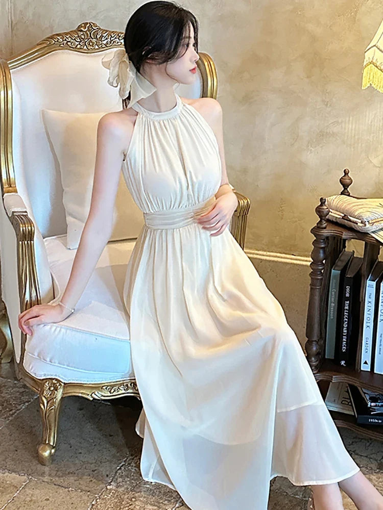 vmtvr 2024 New White Sleeveless Sexy Neck-mounted Long Dress Women Elegant Luxury Dress Gown Summer Korean Bodycon Dance Party Dresses