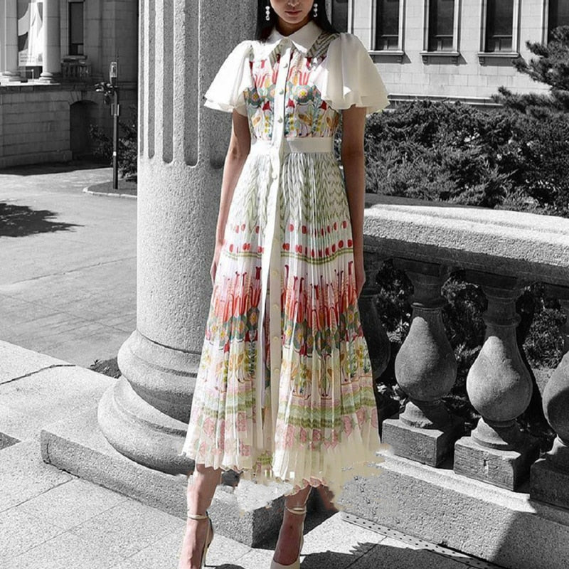 Vintage Elegant Floral Print Pleated A Line Party Dinner Dress Summer Ruffle Sleeve Midi Long Elbise Princess