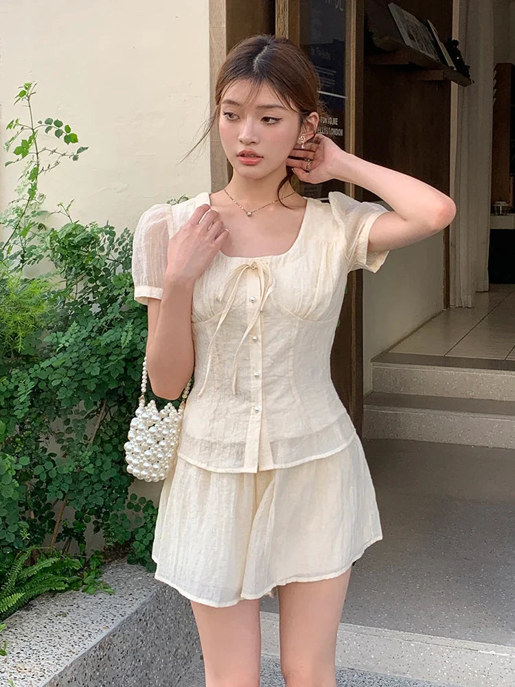 vmtvr 2024 Summer New French Square Collar Short-sleeved Shirt Women A Line Skirt Shorts Texture Fashion Suit