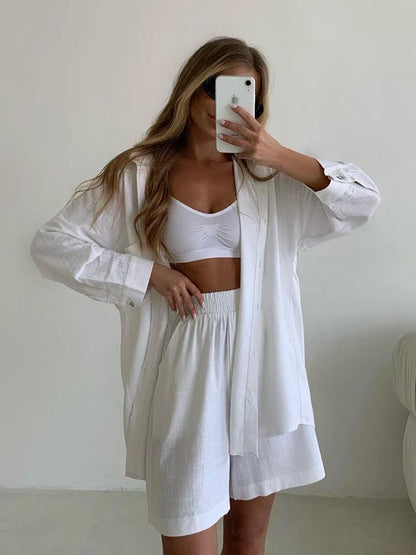 vmtvr Women's Short Sets Shirt Summer Suit 100% Cotton and Linen Sets Womens 2 Piece Blouse and Shorts Casual Two Piece Set for Women