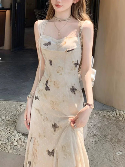 vmtvr Vintage Y2k Strap Dress Women Summer Casual New Sleeveless Retro Midi Dress Female Korean Slim Beach Boho One Piece Dress 2024