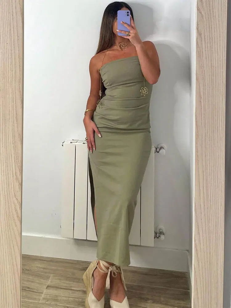 vmtvr Chic Solid Pleated Women's Strapless Maxi Dress Slim Fitting Slash Necked Skinny Long Vestido Summer Famale Club Sexy Robes