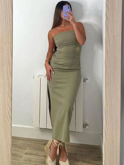 vmtvr Chic Solid Pleated Women's Strapless Maxi Dress Slim Fitting Slash Necked Skinny Long Vestido Summer Famale Club Sexy Robes