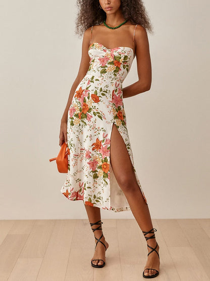 Summer Dresses For Women Elegant Vintage Floral Print Dress Sweetheart Neck Spaghetti Strap Midi Dress With Slit Sundress