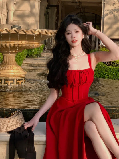 French Elegant White Strap Midi Dress Summer New Casual Evening Party Dress Women Beach Sleeveless Lace-up Red Dress Korean