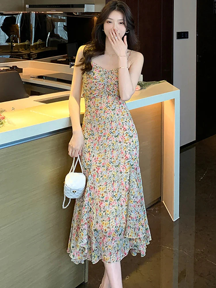 vmtvr 2024 Elegant Chic Fancy Women's Dress Korean Fashion Casual Sling Beach Long Dress Summer Bodycon Ruffled Mermaid Evening Dress