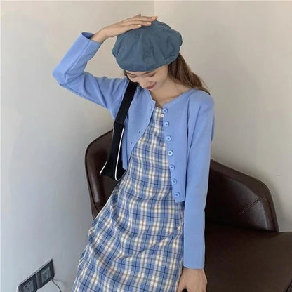 Summer New Matching Sets Sweet Slim Plaid Slip + Solid color long sleeve Cardigan Prairie Chic A-line Two-piece Dress Suits