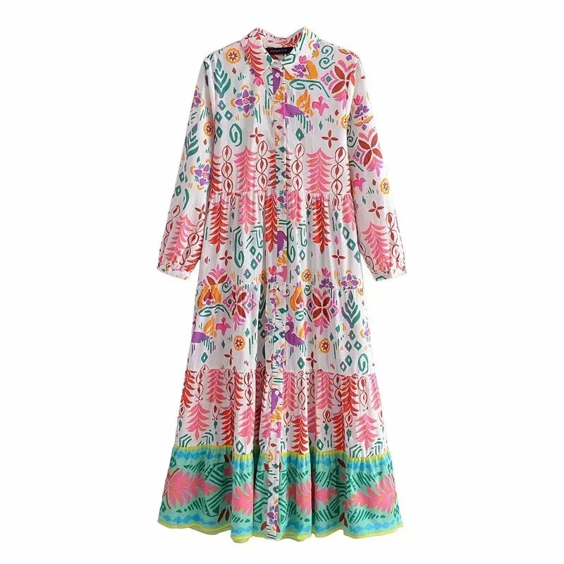 vmtvr  - Paisley Print Shirt Dress Elegant Autumn Spring Green Dress Floral Print Boho Female Maxi Dress Long Sleeve Vestido