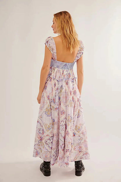 Summer Women Floral Printed Long Dress Square Neck Tiered Bottom Piecing Big Swing A-line Dress Holiday Beach Sundress