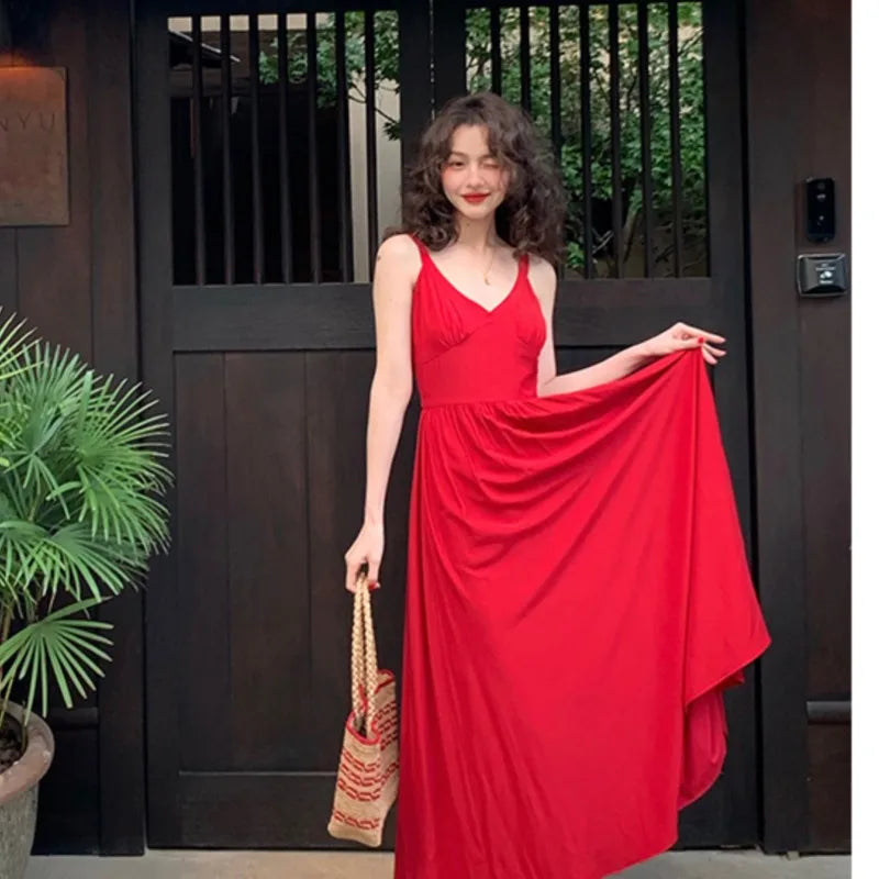 vmtvr French Vintage V-neck Summer Women Dress Casual Spaghetti Strap Female Evening Party Outfits Fashion Solid A-line Fiesta Robe