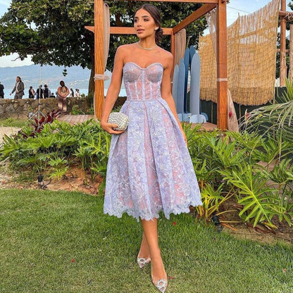 vmtvr 2023 Spring Summer Formal Evening Dress Women's Lace Embroidery Strapless A-line Tunic Midi Birthday Party Dresses White Purple