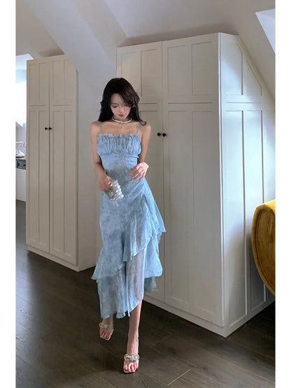 vmtvr  -  Korean Fashion Blue Floral Chiffon Camisole Dress with Summer Irregular Holiday Style Slit Long Dress Female Clothing