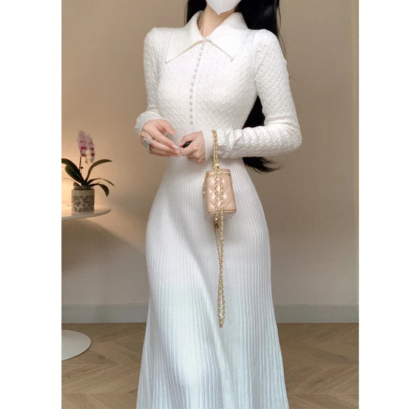 vmtvr  -  Elegant White Knitted Dresses for Women Autumn Winter Korean Fashion Slim A-line Long Sleeves Sweater Casual Female Clothes