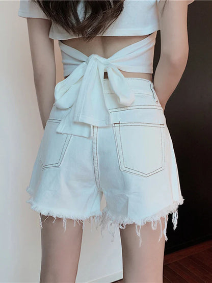 vmtvr Irregular Design Women Denim Shorts High Waist Summer Y2k Jeans Summer High Waist Tassel Cross Light Blue Female Shorts