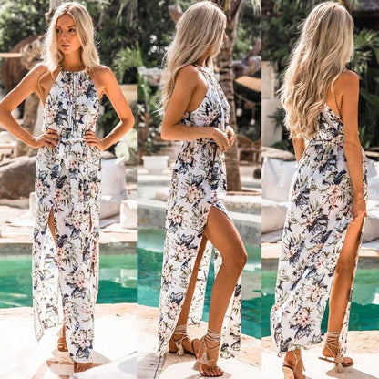 Summer White Flower Print Casual Beach Dress Sexy Slit Sleeveless Asymmetrical Bohemian Dress Ladies Halter Pleated Midi Dress