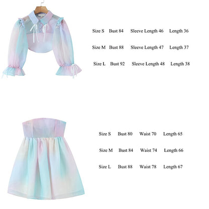 Women Gradient Rainbow Print 2pcs Organza Dress Bow Bandage Rope Puff Sleeve Lapel Crop Top Ball Gown Party Mini Fairy Robe