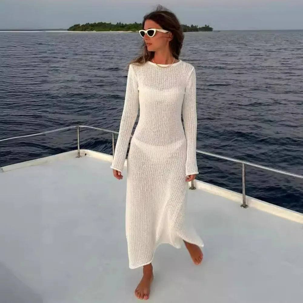 vmtvr  -  White Knitted Beach Dress Women Fashion Hollow Out Slim Long Sleeve Holiday Dresses Summer Sexy See Through Bikini Cover Up