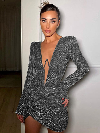 vmtvr Elegant Long Sleeve Bodycon Mini Dress For Women Deep V Neck Sexy Ruched Party Club Evening Dresses Autumn Female Clothes