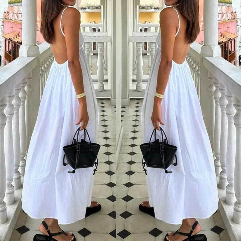 vmtvr Simple Sexy V-neck High Waist Boho Long Dress Women Spring Solid Loose Pleated Party Dress Summer Backless Hollow Straps Dresses