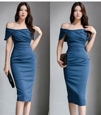 2024 Summer New Korean Fashion Bodycon Blue Midi Dresses for Women Sexy Off Shoulder Elegant Chic Evening Party Female Clothing