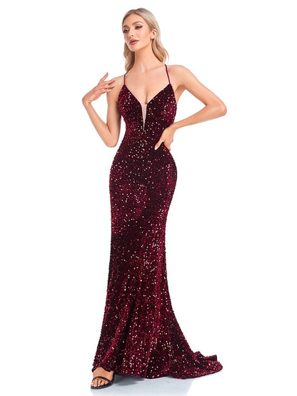 vmtvr - Deep V Neck Burgundy Sequin Evening Dress Sexy Suspenders Party Maxi Dress Mermaid Long Prom Dresses For Women