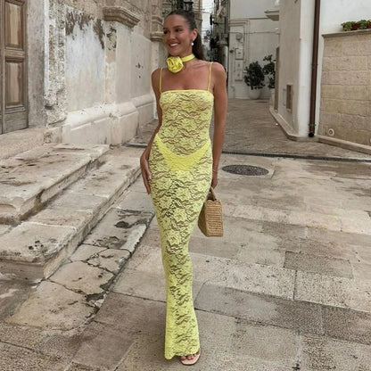 vmtvr  -  Yellow Lace Maxi Dress Women Fashion Spaghetti Strap Long Evening Party Dresses Sexy See Through Club Night Summer Dress